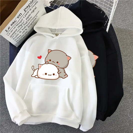 Kadınlar için Sevimli Kedi Desenli Günlük Spor Kapüşonlu Sweatshirt