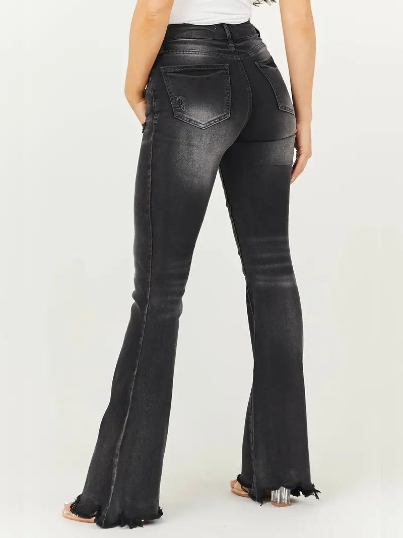 Yıkanmış Gri Renkli Yüksek Bel Su Dalgalı Bootcut Kot Pantolon