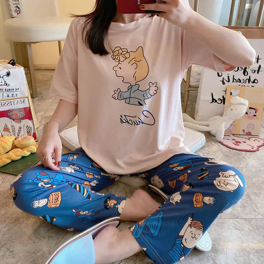 Kadınlar için Sevimli Bol Yazlık Pijama - Kısa Kollu Set