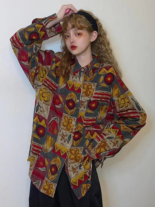 Vintage Desenli Oversize Gömlek – Unisex Retro Bohem Tarz Uzun Kollu