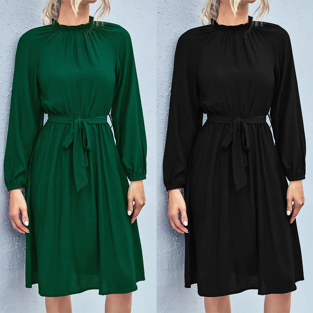 Klasik Düz Renkli Bağcıklı Kollu Elbise