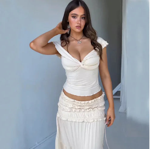 Kuru Erik Renkli Fırfır Detaylı Üst ve Etek Takımı