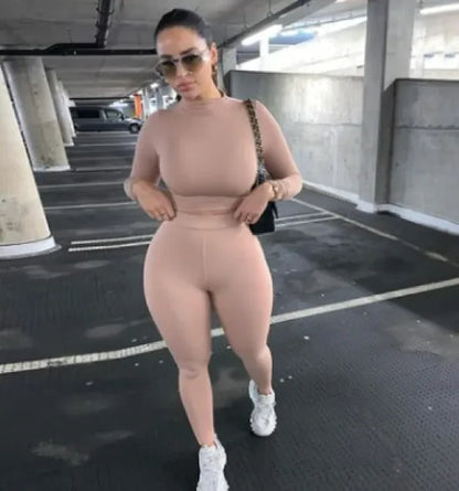 Kadın Fit Spor Takım | Yüksek Bel Tayt & Uzun Kollu Crop Top - Nude Renk