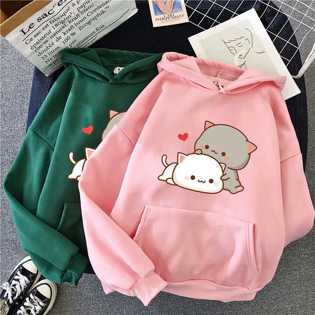 Kadınlar için Sevimli Kedi Desenli Günlük Spor Kapüşonlu Sweatshirt