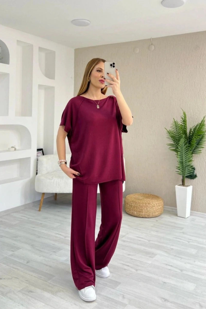 Kadın Kısa Kollu Kayık Yakalı Bluz Ve Pantolon İkili Takım