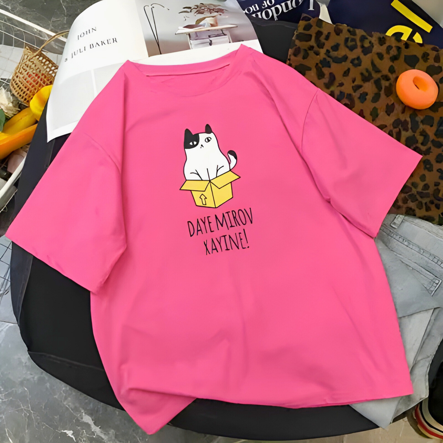 Kedi Baskılı Kısa Kollu Kadın Tişört