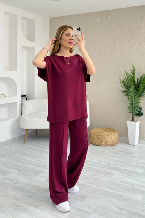 Kadın Kısa Kollu Kayık Yakalı Bluz Ve Pantolon İkili Takım
