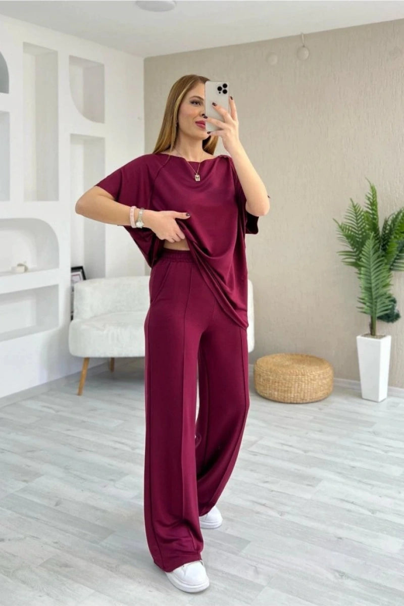 Kadın Kısa Kollu Kayık Yakalı Bluz Ve Pantolon İkili Takım