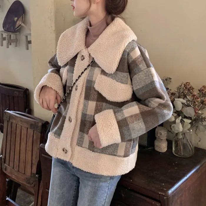 Kadınlar için Kore tarzı bol kesim kuzu yünü kareli ceket