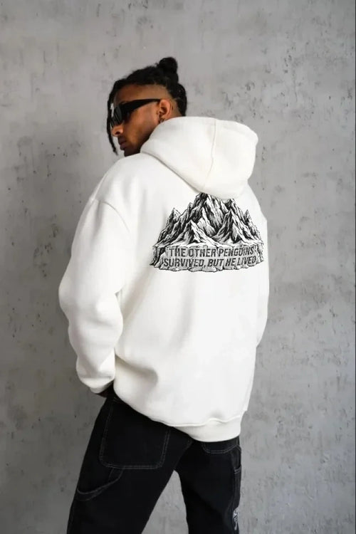 Erkek Nihilist Penguen Temalı Oversize Kapüşonlu Sweatshirt