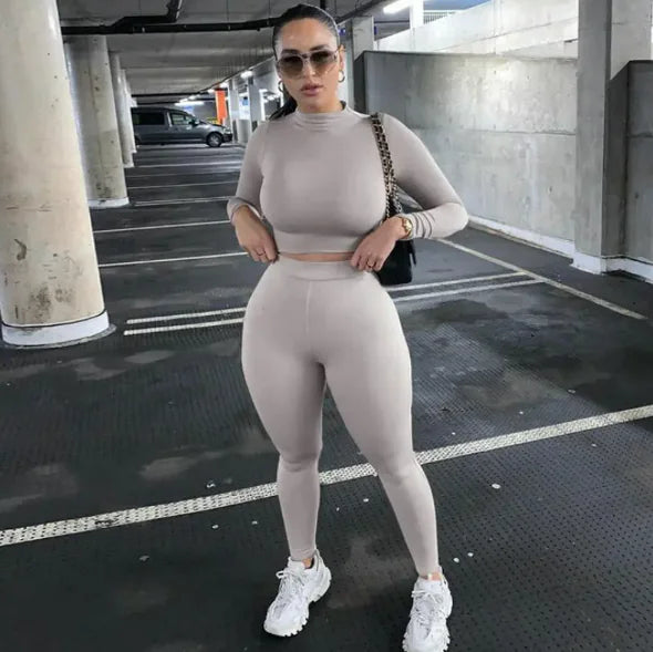 Kadın Fit Spor Takım | Yüksek Bel Tayt & Uzun Kollu Crop Top - Nude Renk