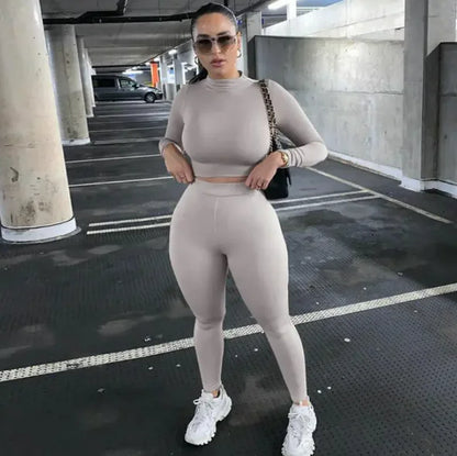 Kadın Fit Spor Takım | Yüksek Bel Tayt & Uzun Kollu Crop Top - Nude Renk