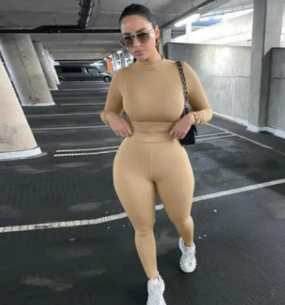 Kadın Fit Spor Takım | Yüksek Bel Tayt & Uzun Kollu Crop Top - Nude Renk