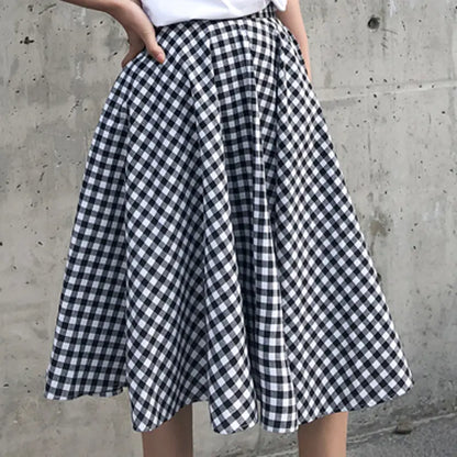 Siyah Beyaz Kareli Midi Etek – Yüksek Bel Pileli Kadın Etek