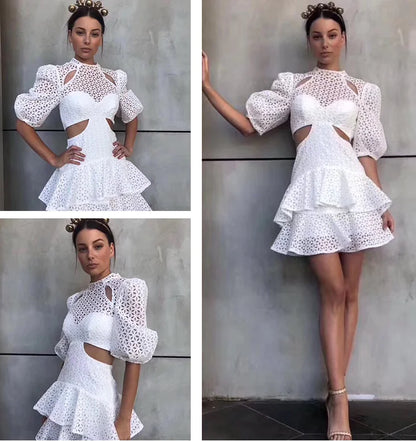 Dantelli Puf Kollu Midi Elbise, Fırfırlı Etek Ucu