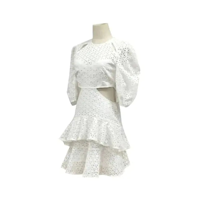 Dantelli Puf Kollu Midi Elbise, Fırfırlı Etek Ucu