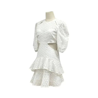 Dantelli Puf Kollu Midi Elbise, Fırfırlı Etek Ucu