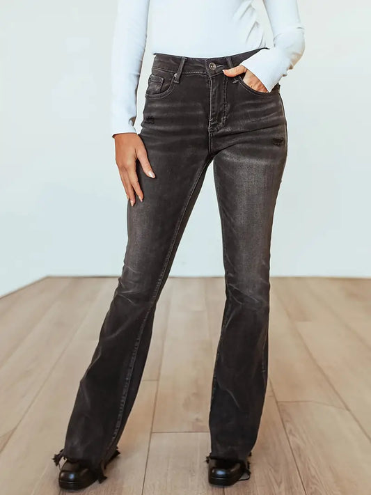 Yıkanmış Gri Renkli Yüksek Bel Su Dalgalı Bootcut Kot Pantolon