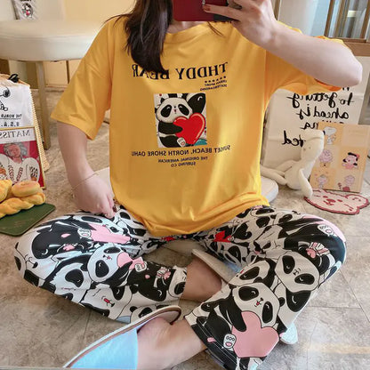 Kadınlar için Sevimli Bol Yazlık Pijama - Kısa Kollu Set