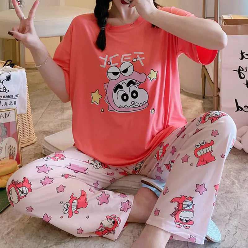 Kadınlar için Sevimli Bol Yazlık Pijama - Kısa Kollu Set