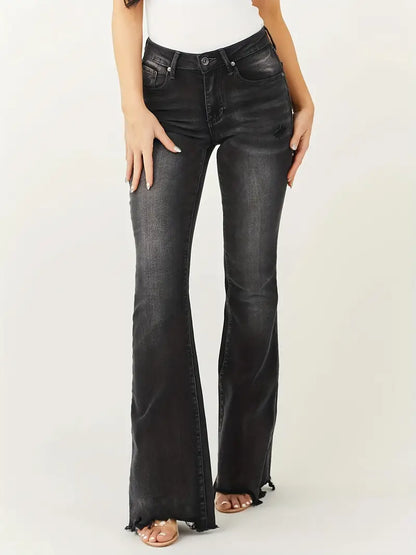 Yıkanmış Gri Renkli Yüksek Bel Su Dalgalı Bootcut Kot Pantolon