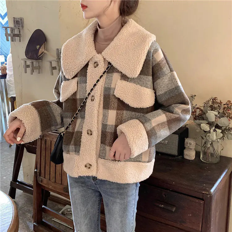 Kadınlar için Kore tarzı bol kesim kuzu yünü kareli ceket