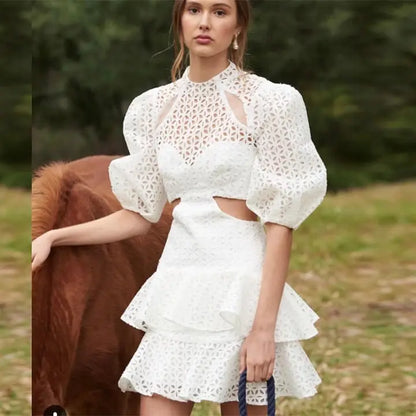 Dantelli Puf Kollu Midi Elbise, Fırfırlı Etek Ucu