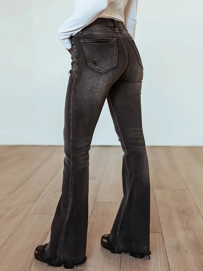 Yıkanmış Gri Renkli Yüksek Bel Su Dalgalı Bootcut Kot Pantolon