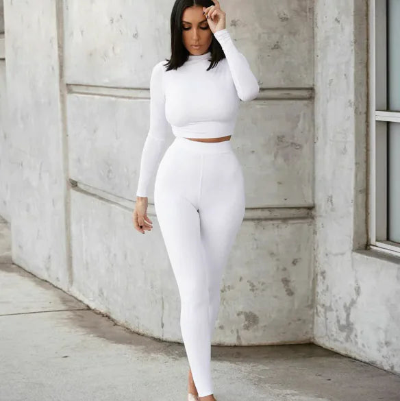 Kadın Fit Spor Takım | Yüksek Bel Tayt & Uzun Kollu Crop Top - Nude Renk