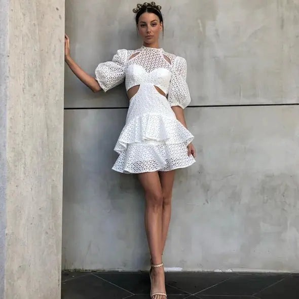 Dantelli Puf Kollu Midi Elbise, Fırfırlı Etek Ucu