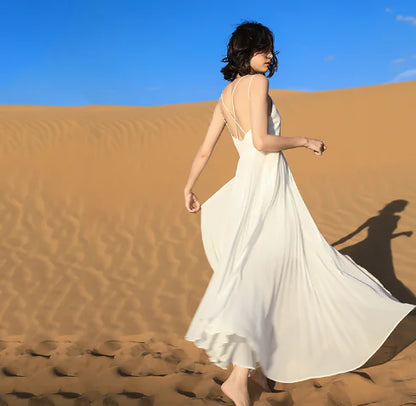 Pliseli Askılı Elbise – Şifon, Uzun Yazlık ve Özel Gün Elbisesi