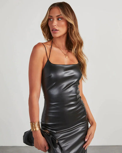 PU Leather Slit Sheath Skirt with Bandeau Sling