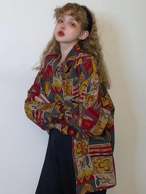 Vintage Desenli Oversize Gömlek – Unisex Retro Bohem Tarz Uzun Kollu