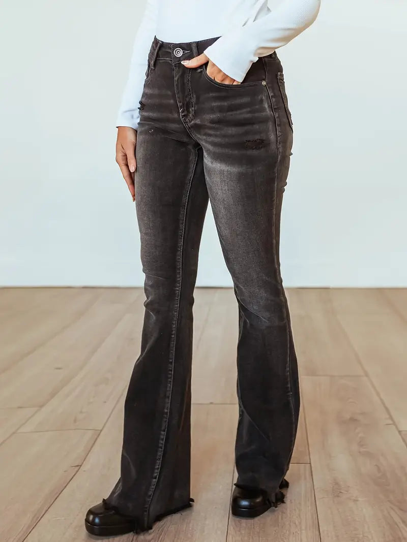 Yıkanmış Gri Renkli Yüksek Bel Su Dalgalı Bootcut Kot Pantolon