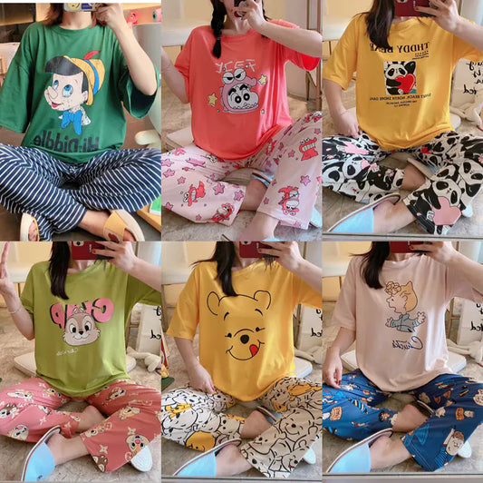 Kadınlar için Sevimli Bol Yazlık Pijama - Kısa Kollu Set