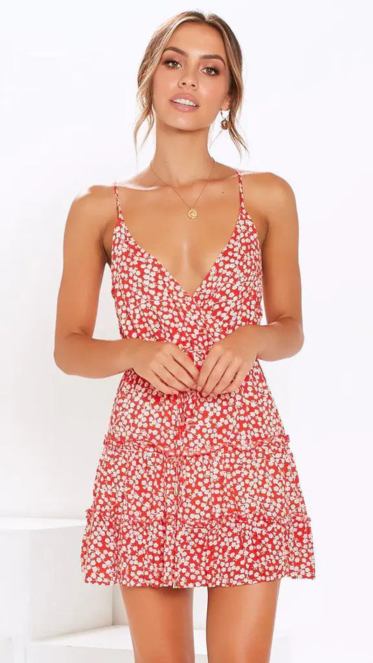 Askılı Yazlık Çiçek Desenli Sırtı Açık Elbise